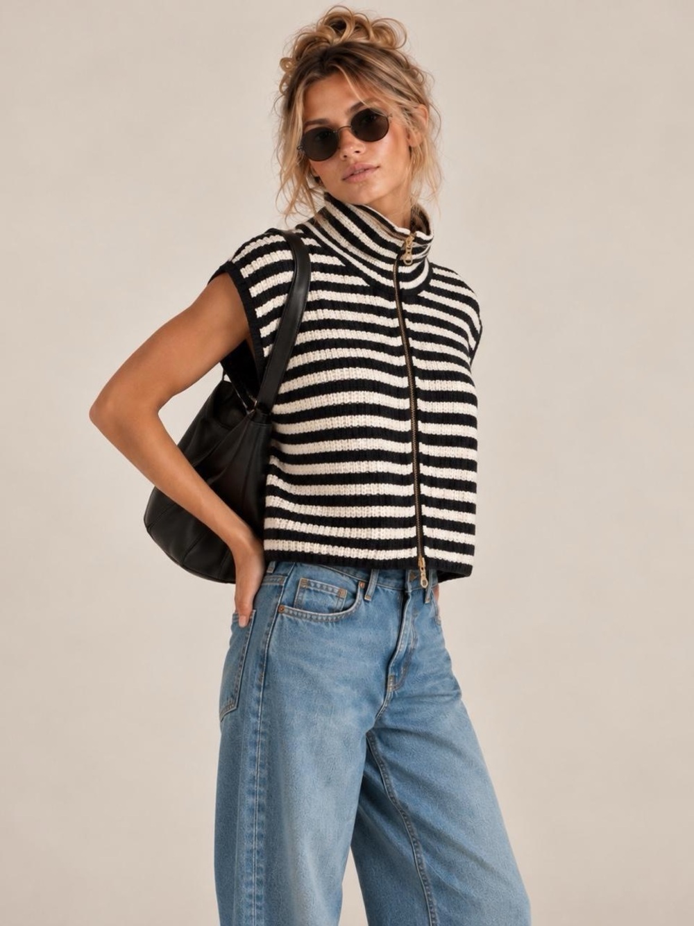 Striped Black & cream Zip-Front Knit Sweater Vest